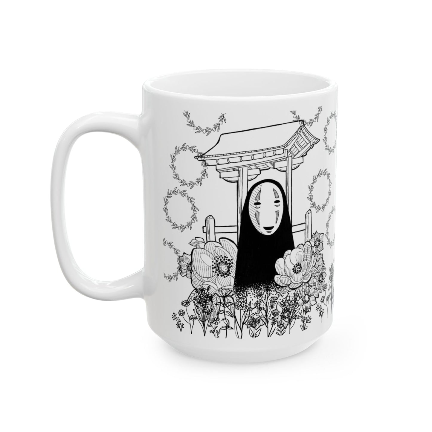 No Face Flowers Mug – Studio Ghibli Inspired Ceramic Cup – 11oz & 15oz Anime Coffee Mug Gift