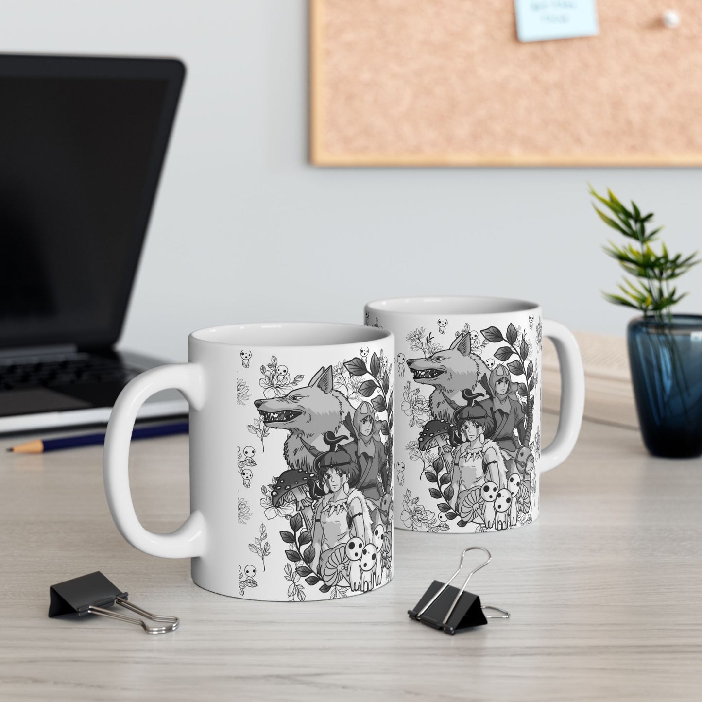 Princess Mononoke Black and White Mug – Studio Ghibli Ceramic Coffee Cup – 11oz & 15oz Anime Gift for Ghibli Fans