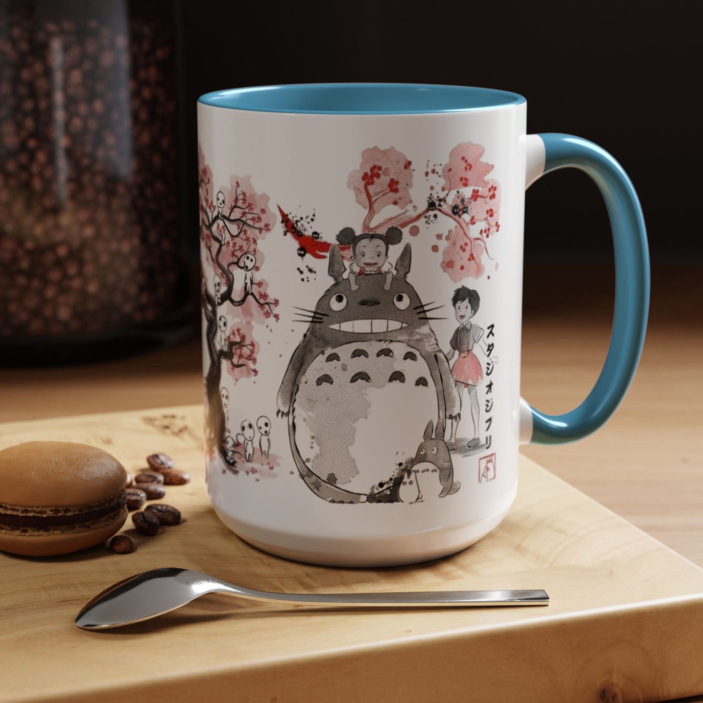 Totoro Sakura Forest Accent Mug – Color Handle Anime Cup 11oz & 15oz – Studio Ghibli Aesthetic Gift