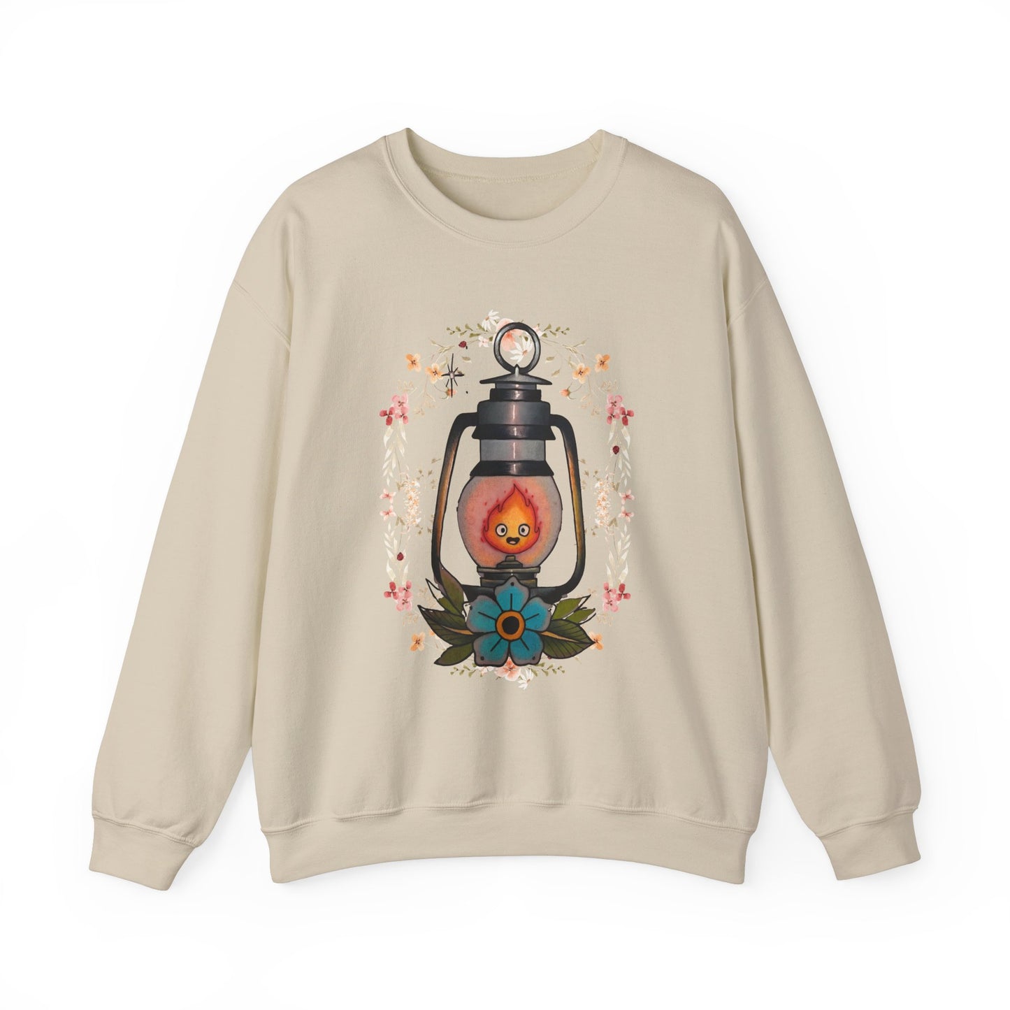 Calcifer Lamp Flowers Sweatshirt – Cozy 100% Cotton Howl’s Moving Castle Anime Pullover
