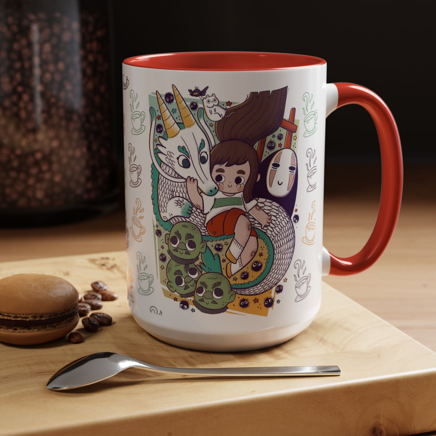 Spirited Away Accent Mug – Color Handle Anime Cup 11oz & 15oz – Studio Ghibli Coffee Mug Featuring Chihiro & No Face
