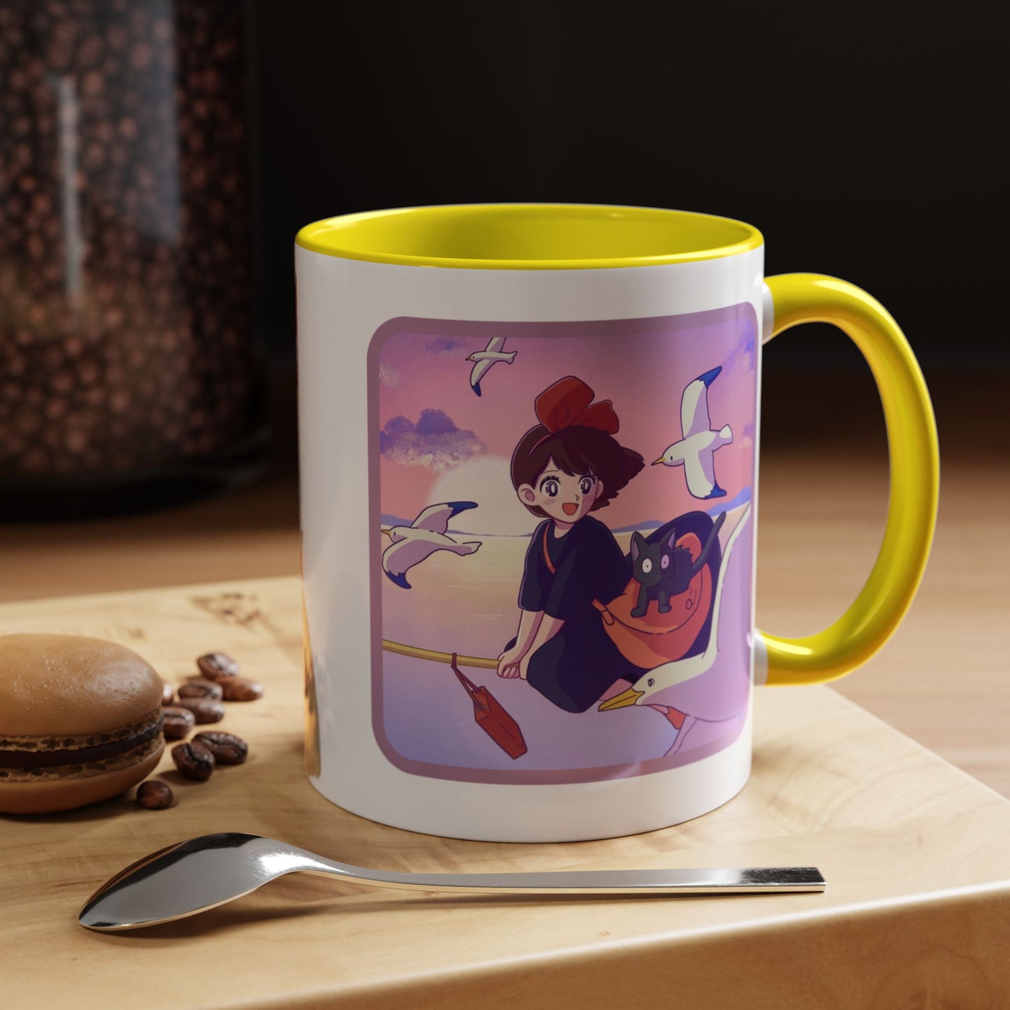 Jiji Funny Accent Mug – Kiki’s Delivery Service Color Handle Cup 11oz & 15oz – Cute Ghibli Cat Anime Gift