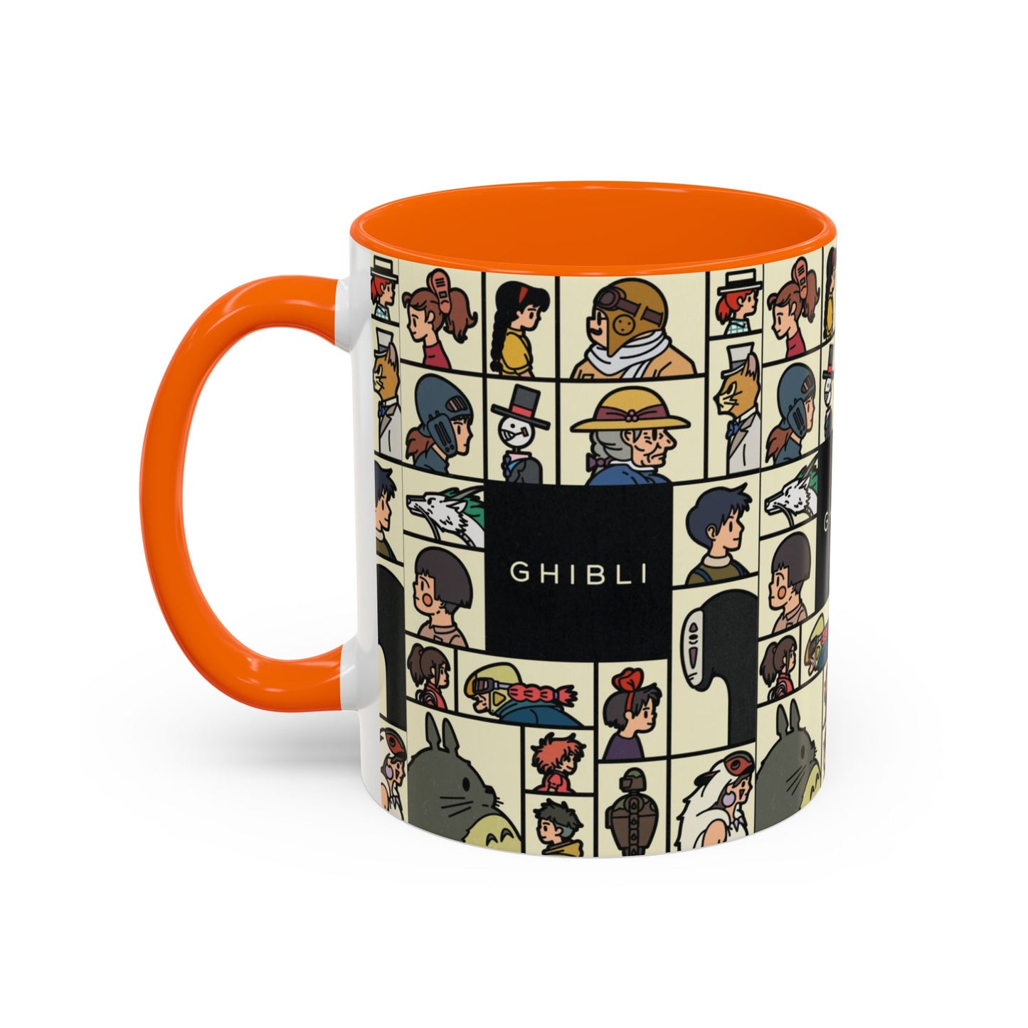 Studio Ghibli Characters Sketch Accent Mug – 11oz & 15oz Anime Coffee Cup with Color Handle