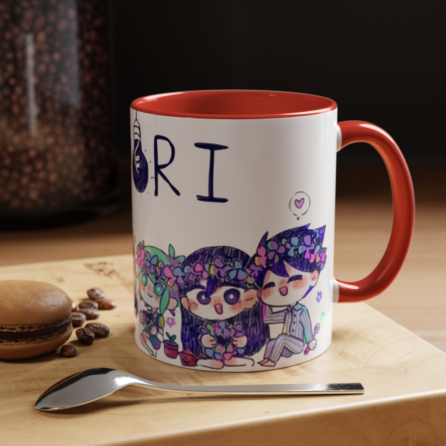 Family Omori Accent Handle Mug – 11oz & 15oz Color Handle Ceramic Cup – Cute Indie Game Gift for Omori Fans