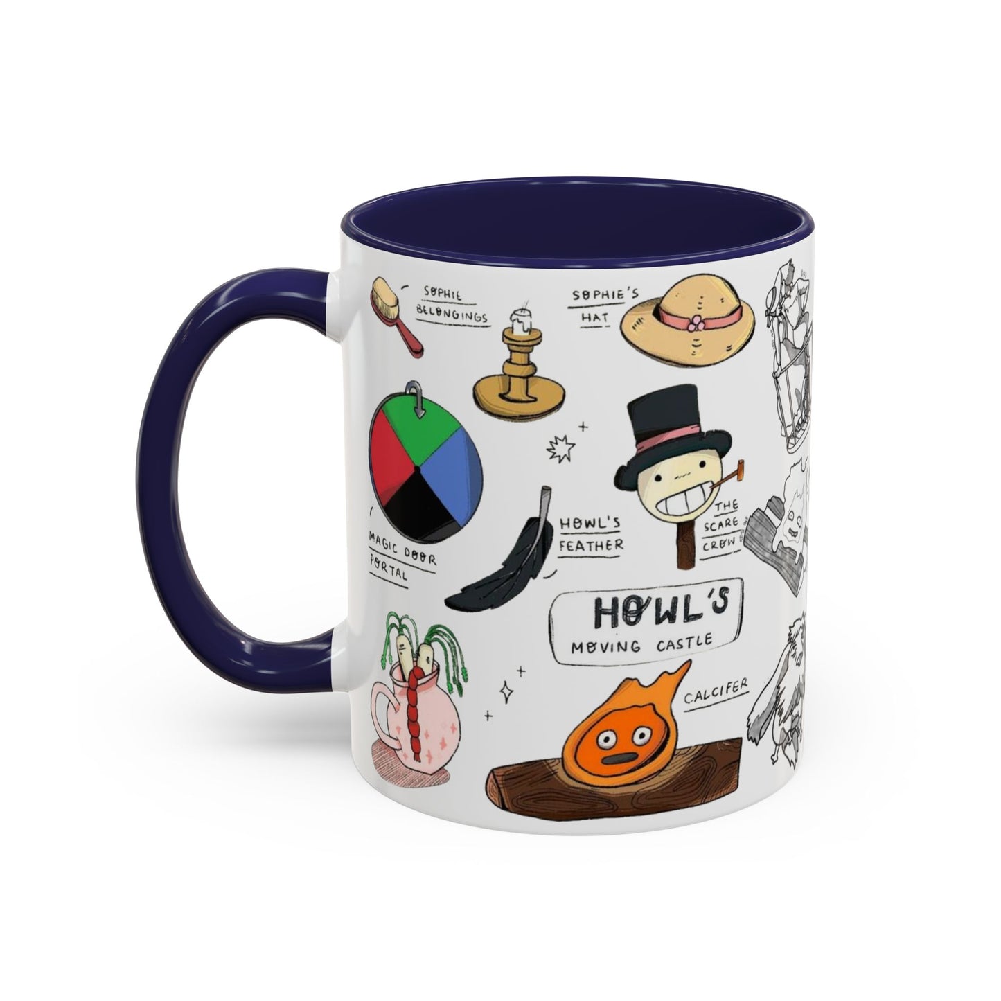 Howl’s Moving Castle Accent Mug – Ghibli Collage Color Handle Cup 11oz & 15oz – Anime Coffee Mug Featuring Howl & Calcifer