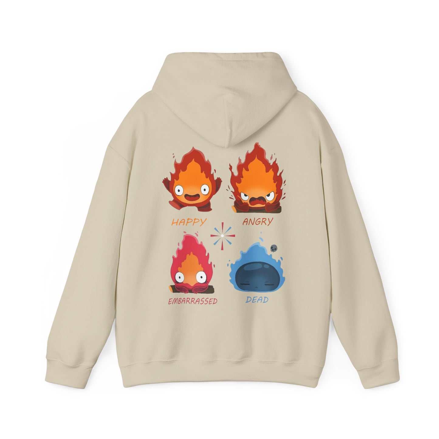 Funny Calcifer Faces Back Print Hoodie – 100% Cotton Anime Pullover | Howl’s Moving Castle Ghibli Style