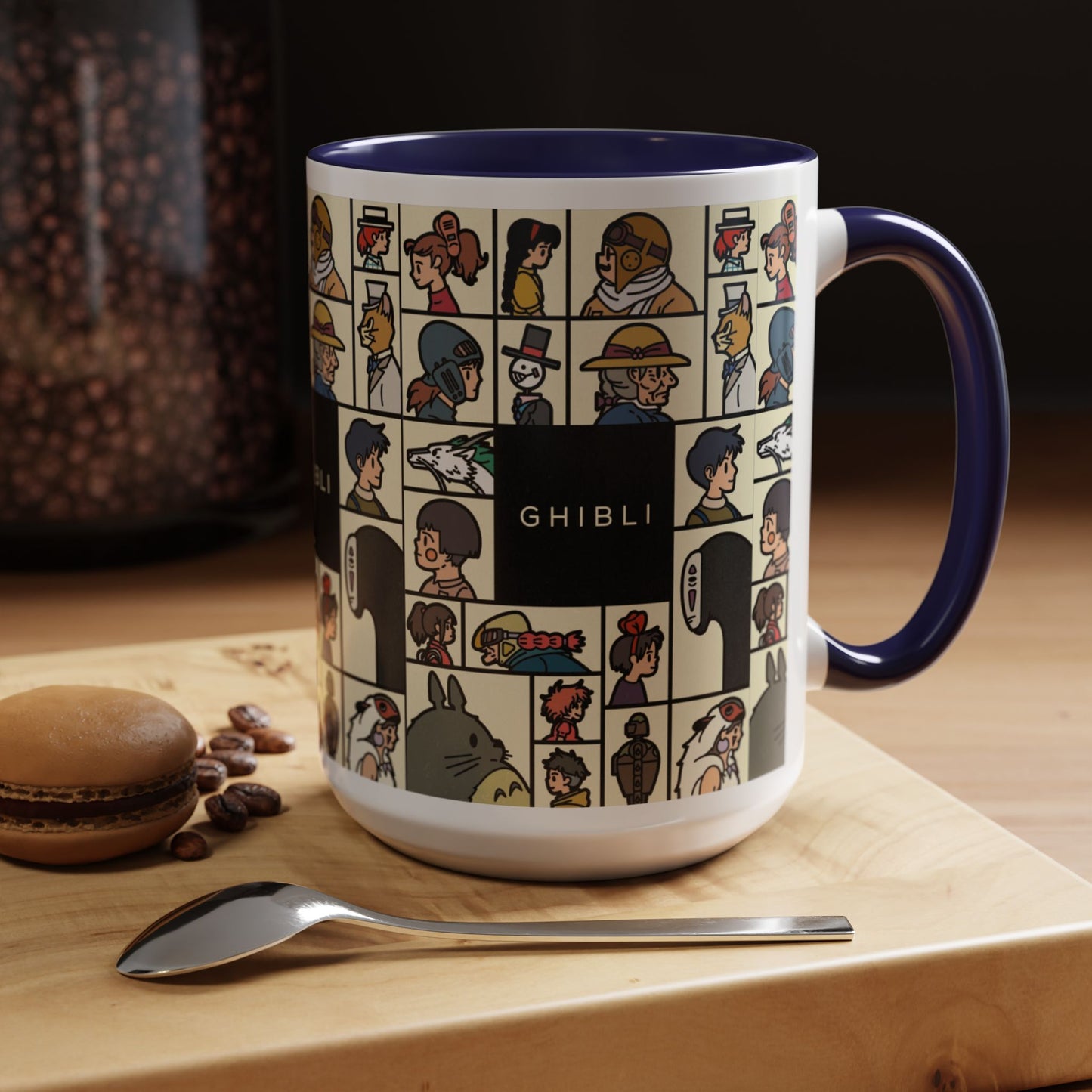 Studio Ghibli Characters Sketch Accent Mug – 11oz & 15oz Anime Coffee Cup with Color Handle