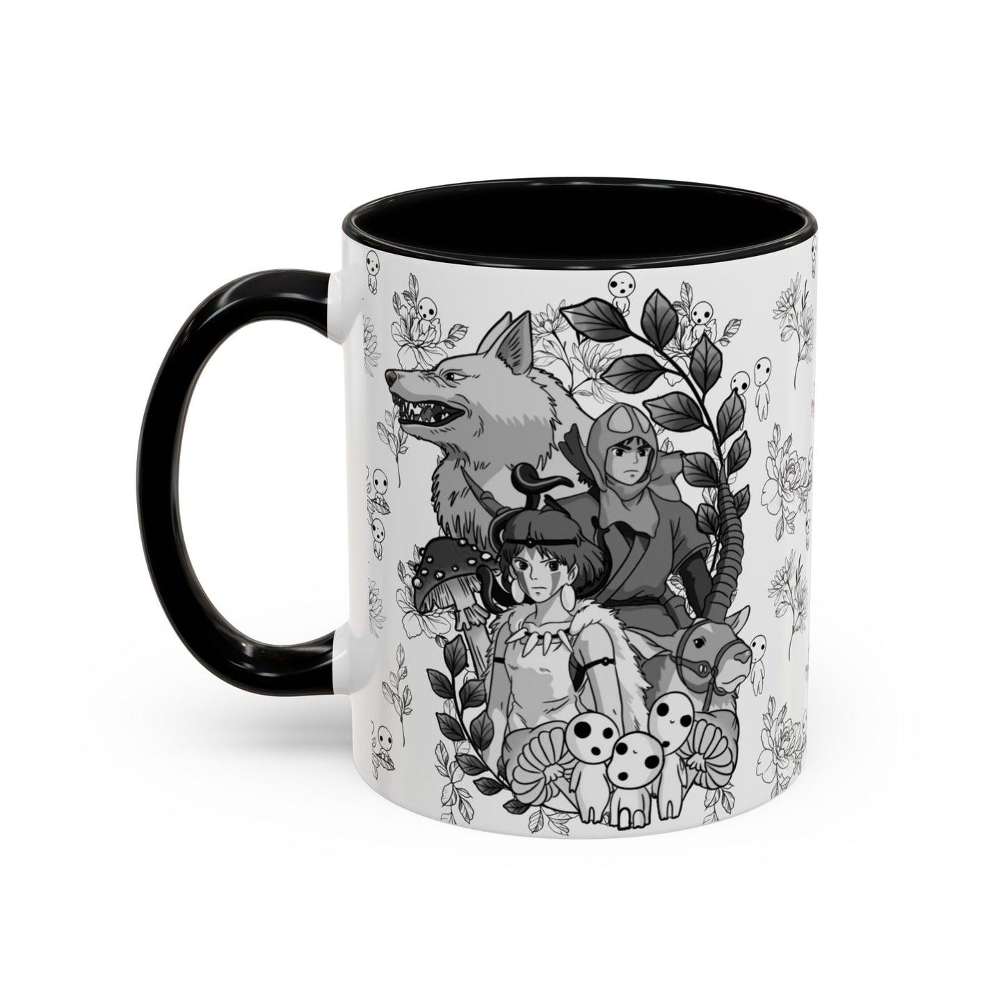 Princess Mononoke Black and White Accent Mug – Studio Ghibli Coffee Cup with Colored Handle – 11oz & 15oz Ceramic Anime Gift