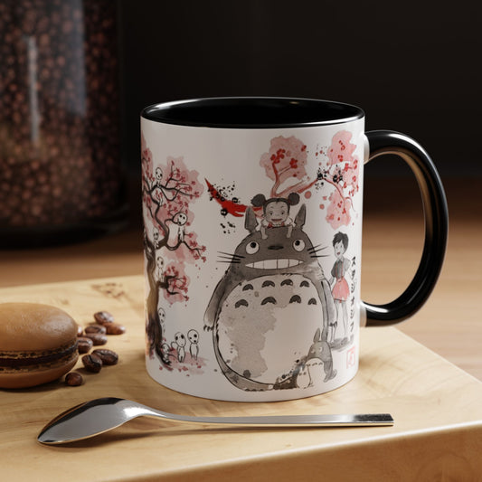 Totoro Sakura Forest Accent Mug – Color Handle Anime Cup 11oz & 15oz – Studio Ghibli Aesthetic Gift
