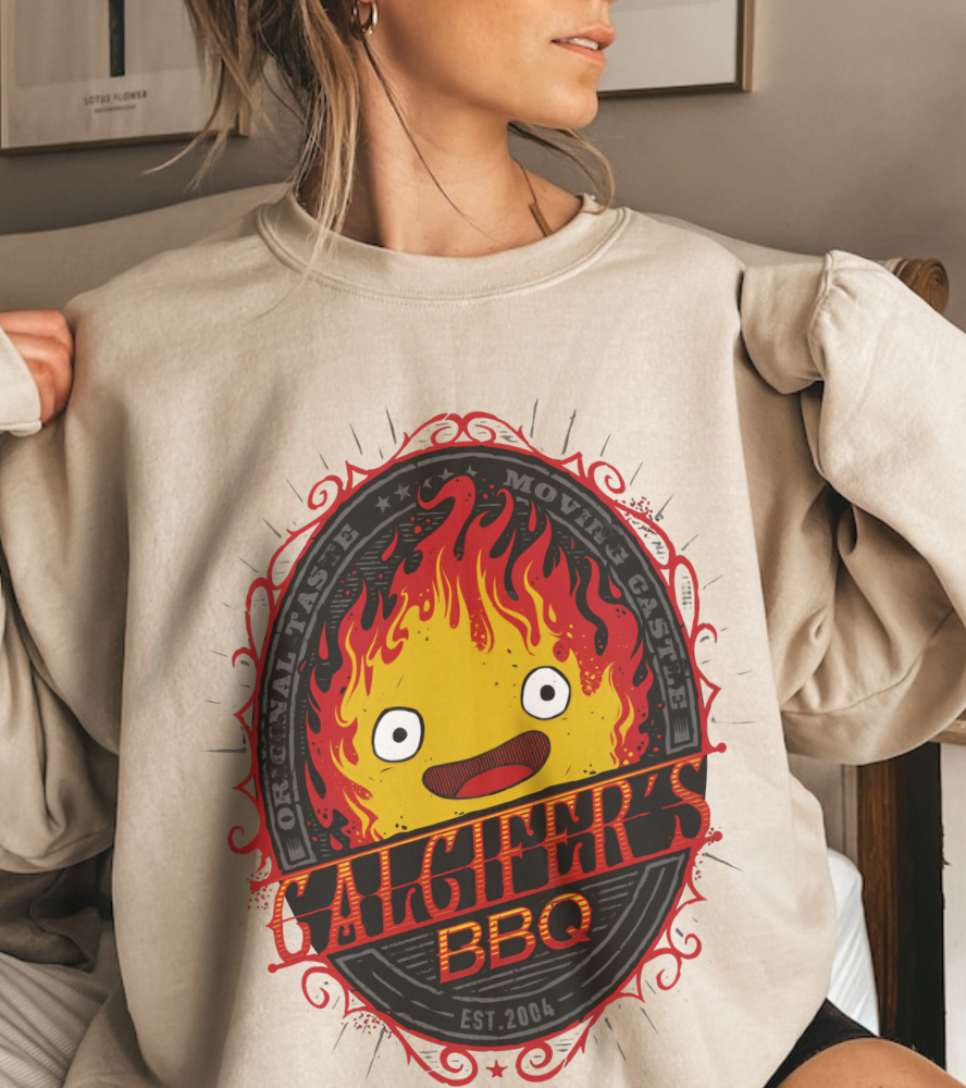 Calcifer BBQ Demon Flame Sweatshirt – 100% Cotton Studio Ghibli Cozy Anime Pullover