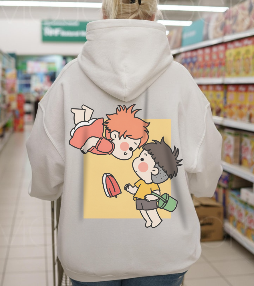 Ponyo & Sosuke Back Print Hoodie – 100% Cotton Gildan 18500 | Studio Ghibli Anime