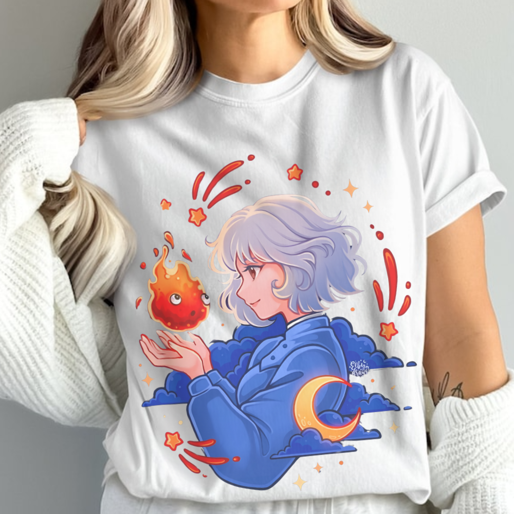 Calcifer and Sophie T-Shirt 100% Cotton Studio Ghibli Fan Tee