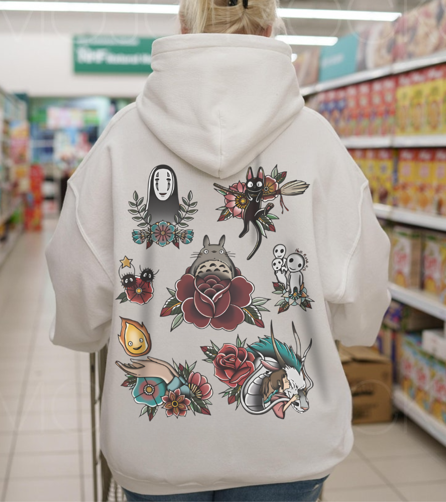 Studio Ghibli Characters Back Print Hoodie – 100% Cotton Anime Pullover Featuring Iconic Ghibli Designs