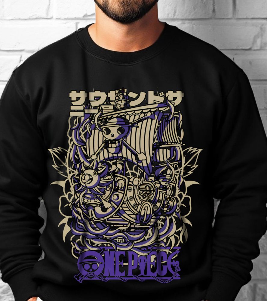One Piece Ship Sweatshirt – 100% Cotton Anime Pullover Featuring Going Merry & Thousand Sunny