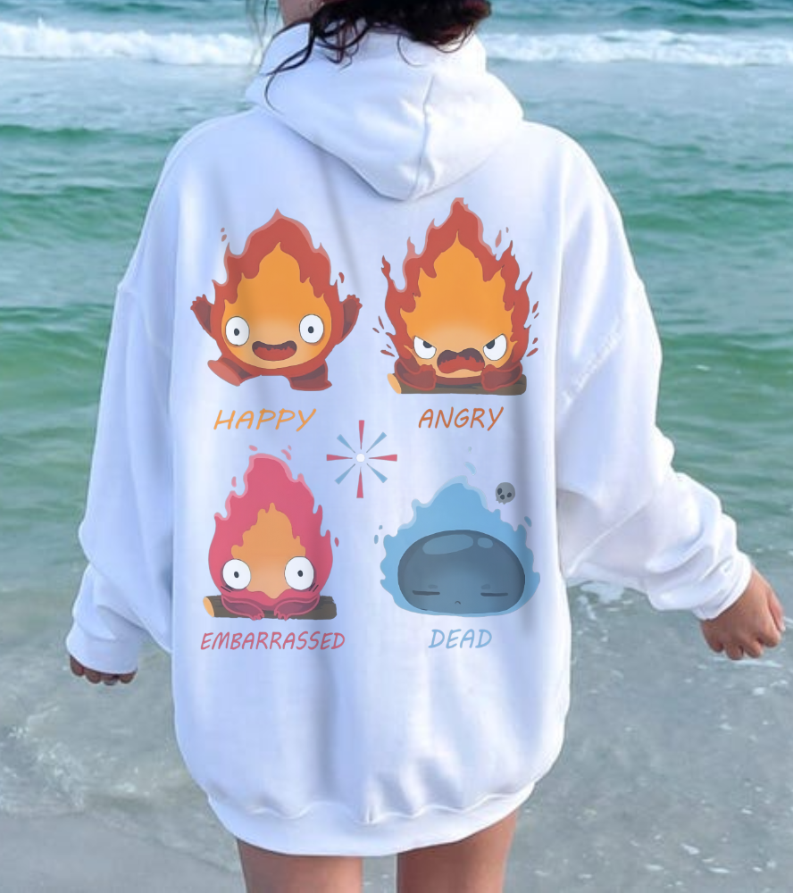 Funny Calcifer Faces Back Print Hoodie – 100% Cotton Anime Pullover | Howl’s Moving Castle Ghibli Style
