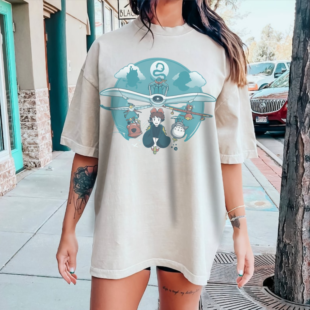Flying Ghibli Characters T-Shirt – 100% Cotton Anime Tee for Studio Ghibli Fans