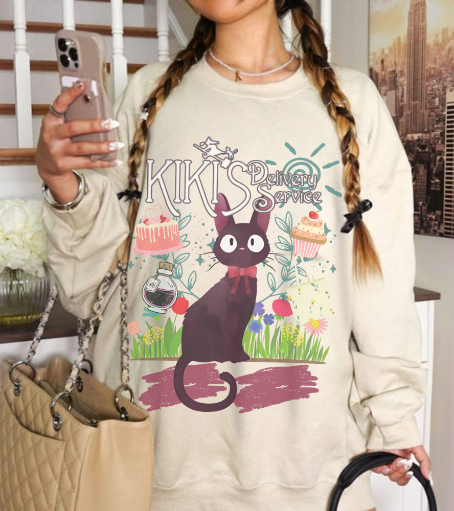 Jiji Collage Studio Ghibli Sweatshirt – Cozy 100% Cotton Anime Pullover Featuring Kiki’s Cat