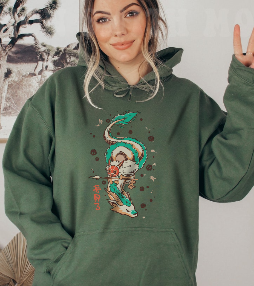Haku and Princess Mononoke Hoodie – 100% Cotton Studio Ghibli Anime Hoodie for Fans
