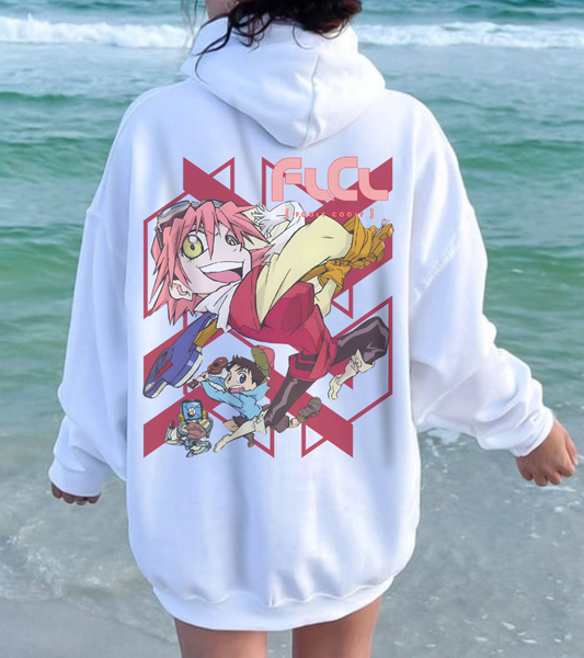 FLCL Back Print Hoodie – 100% Cotton Gildan 18500 | Fooly Cooly Anime Hoodie with Bold Rear Graphic