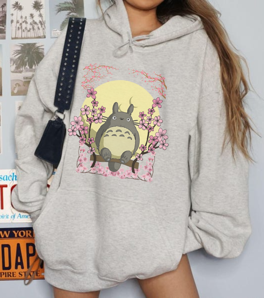 Totoro Sakura Moon Hoodie – 100% Cotton Studio Ghibli-Inspired Cherry Blossom Anime Sweatshirt