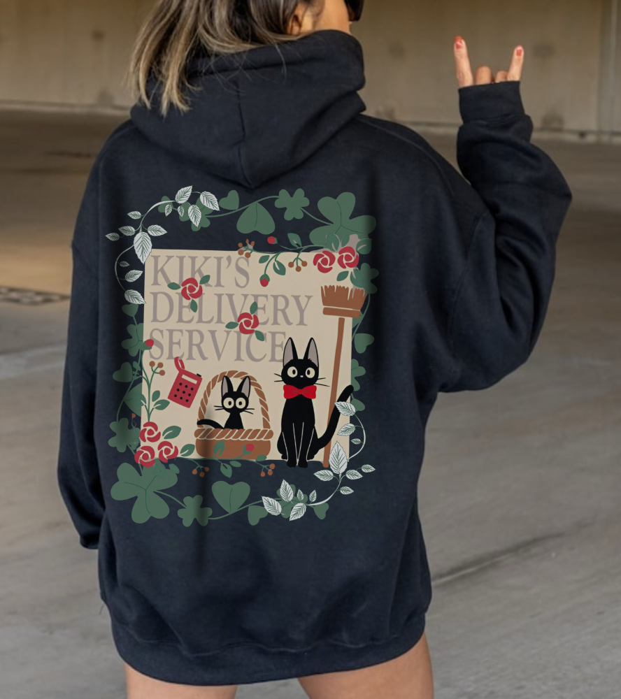 Kiki’s Delivery Service Back Print Hoodie – 100% Cotton Studio Ghibli Hoodie Featuring Kiki and Jiji