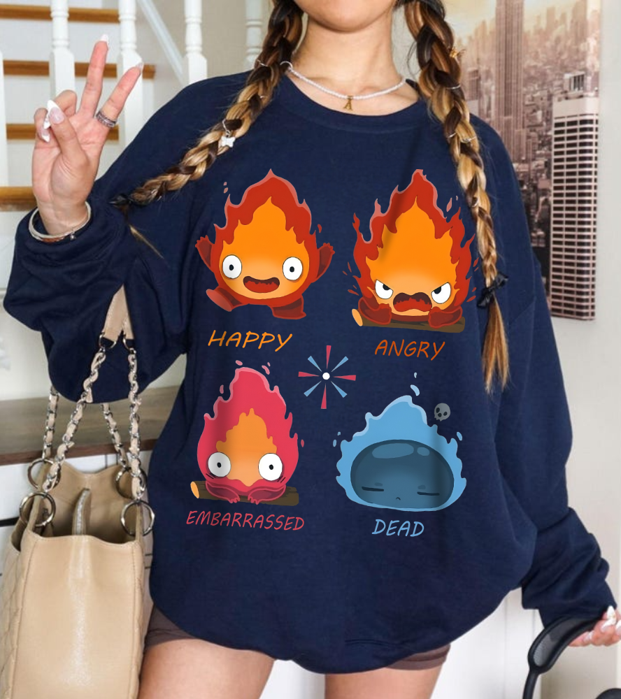Funny Calcifer Faces Hoodie – 100% Cotton Howl’s Moving Castle Ghibli Anime Pullover