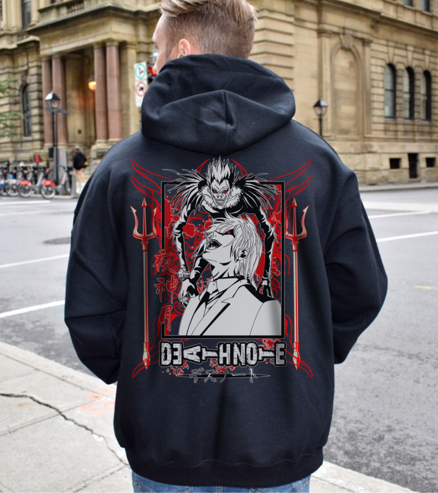 Death Note Back Print Hoodie – 100% Cotton Anime Pullover Featuring Ryuk, Light & L