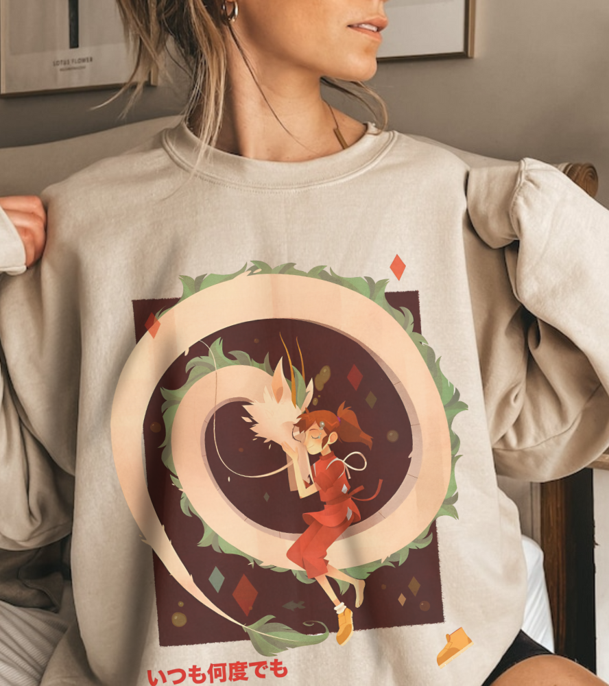 Spirited Away Love Sweatshirt – 100% Cotton Studio Ghibli Anime Pullover Featuring Chihiro and Haku