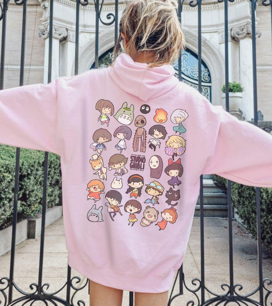 Chibi Studio Ghibli Characters Back Print Hoodie – 100% Cotton Anime Pullover for Ghibli Fans