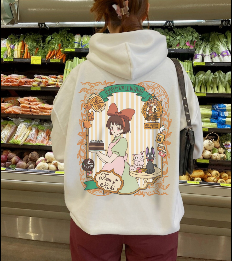 Kiki Happy Back Print Hoodie – 100% Cotton Studio Ghibli Kiki’s Delivery Service Hoodie for Anime Fans