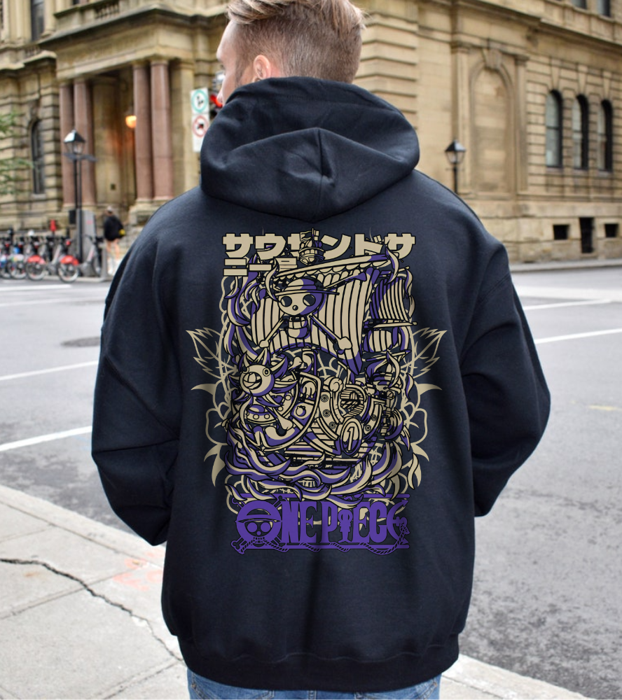 One Piece Ship Back Print Hoodie – 100% Cotton Anime Hoodie Featuring Going Merry & Thousand Sunny