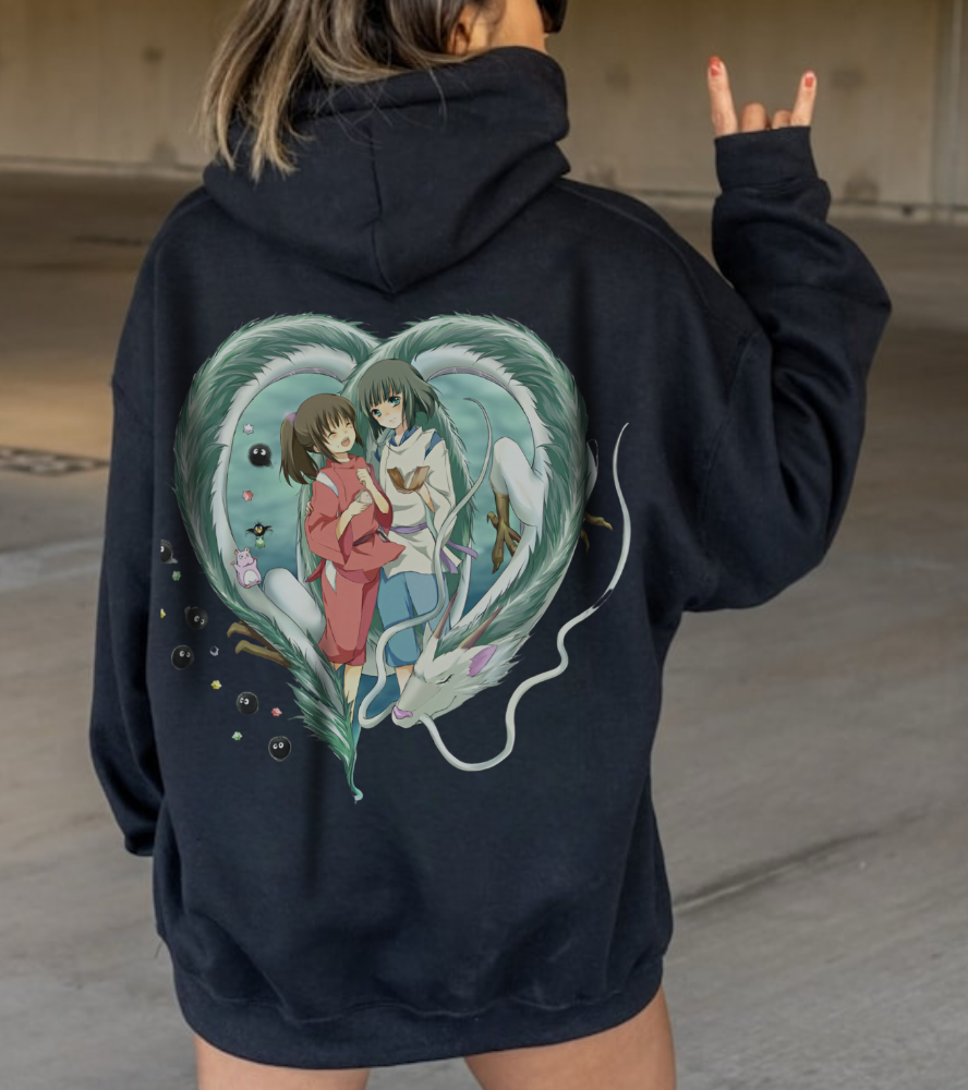 Chihiro and Haku Back Print Hoodie – 100% Cotton Spirited Away Anime Hoodie for Studio Ghibli Fans