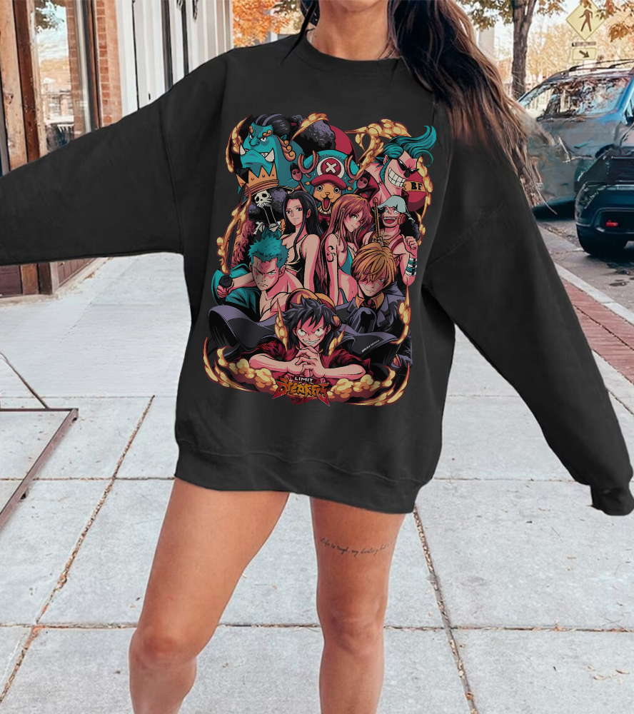 One Piece Characters Sweatshirt – 100% Cotton Anime Pullover Featuring Luffy, Zoro, Nami & More