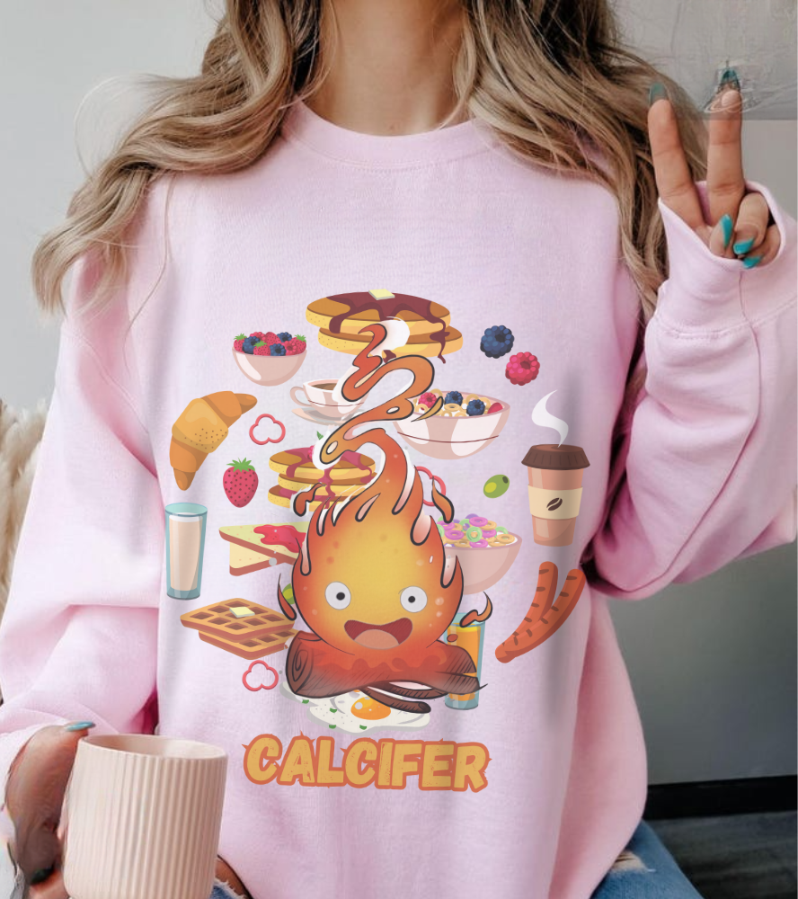 Calcifer Breakfast Demon Sweatshirt – 100% Cotton Cozy Anime Pullover for Ghibli Fans