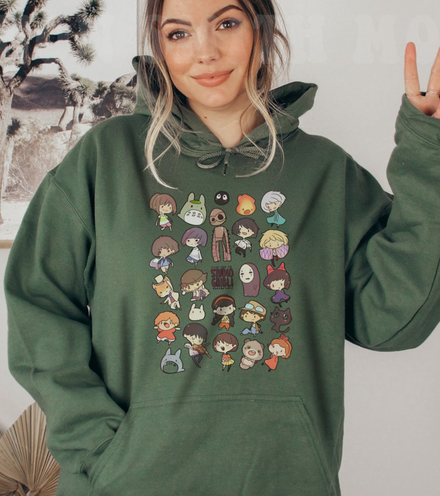 Chibi Studio Ghibli Characters Hoodie – 100% Cotton Anime Pullover for Ghibli Fans