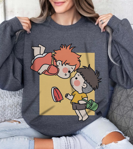 Ponyo & Sosuke Sweatshirt – 100% Cotton Gildan 18000 | Studio Ghibli Anime Pullover