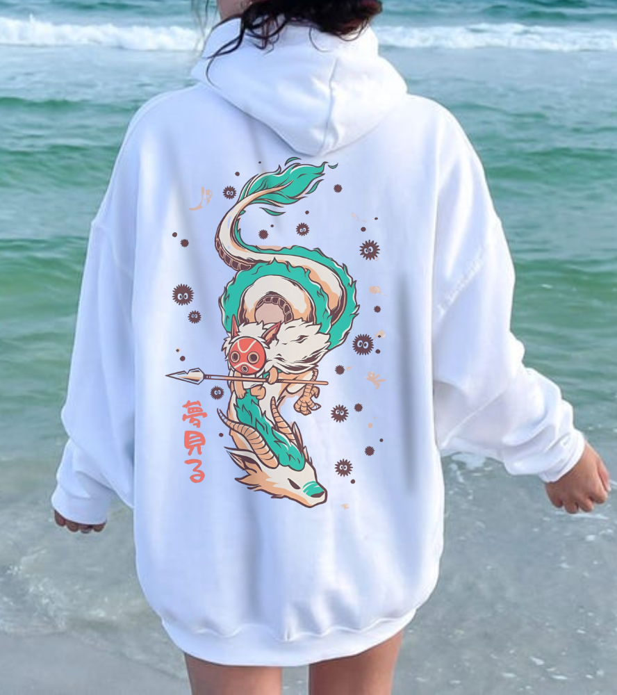 Haku and Princess Mononoke Back Print Hoodie – 100% Cotton Studio Ghibli Anime Sweatshirt