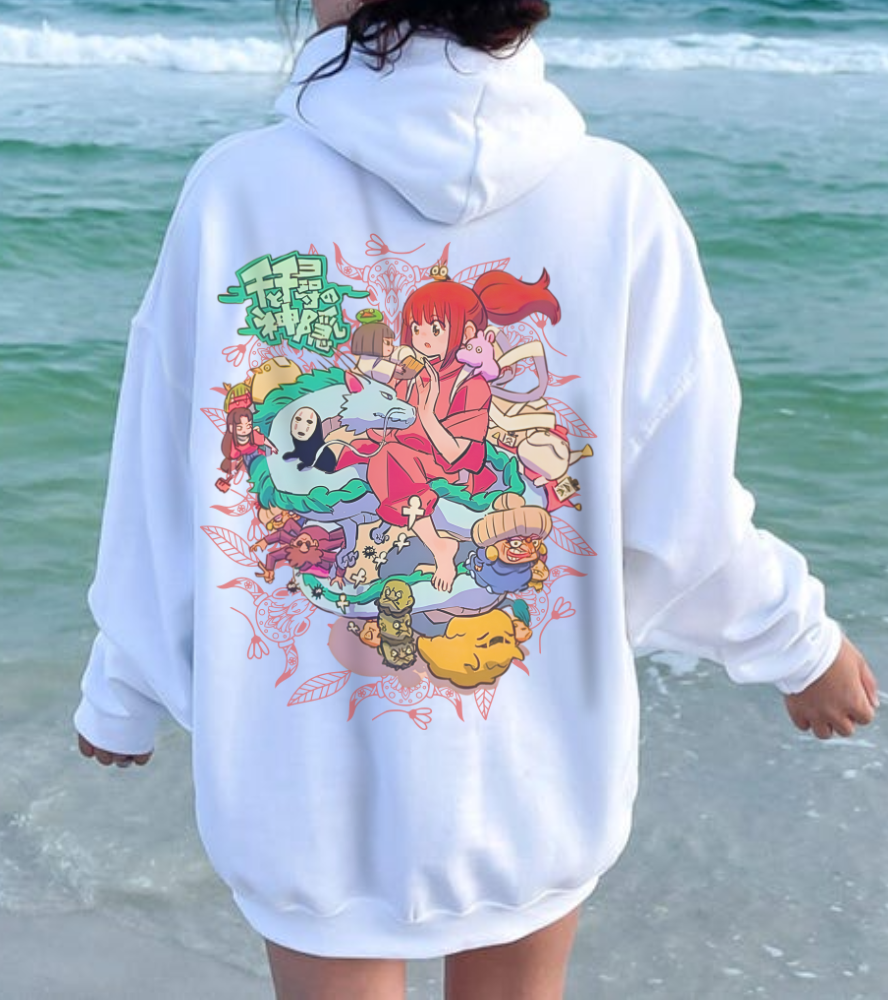 Spirited Away Characters Collage Hoodie with Back Print – 100% Cotton Studio Ghibli Anime Sweatshirt