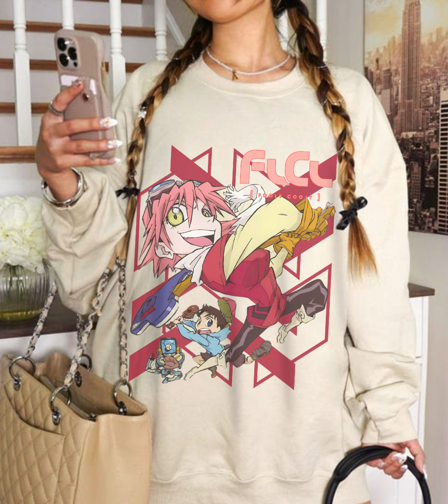 FLCL Sweatshirt – 100% Cotton Gildan 18000 | Fooly Cooly Retro Anime Pullover for True Fans