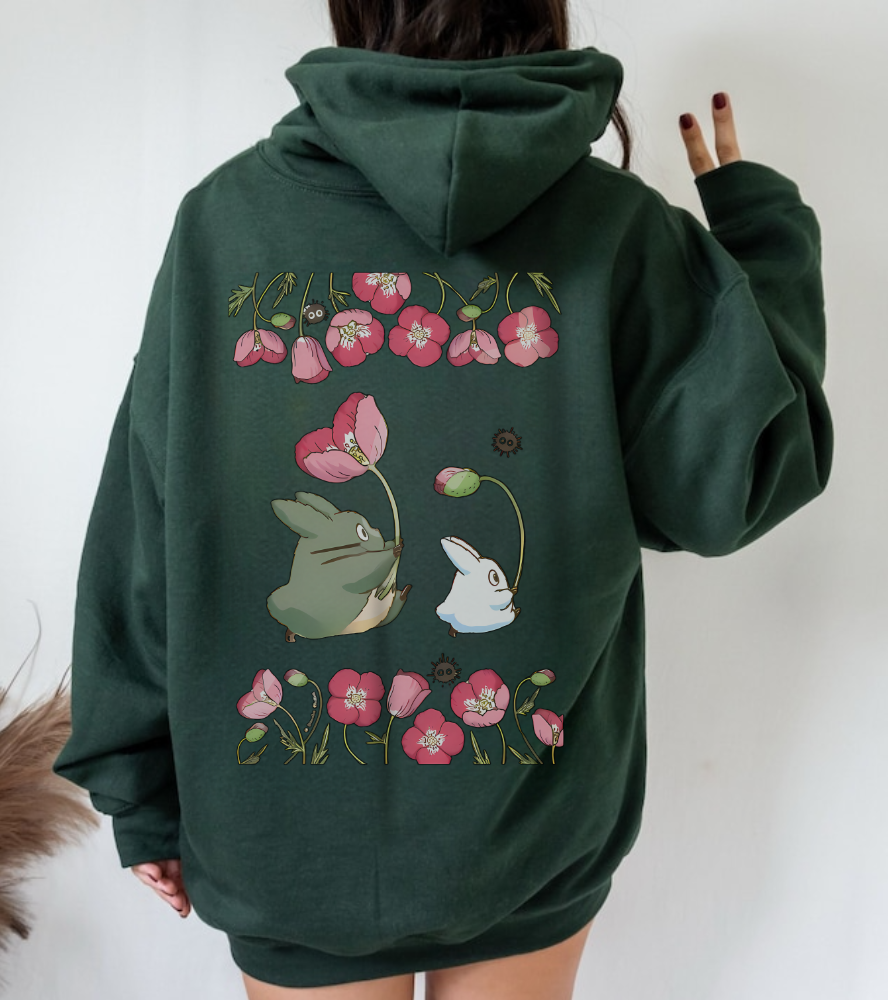 Totoro Cute Flowers Back Print Hoodie – 100% Cotton Studio Ghibli Inspired Sweatshirt for Anime Fans