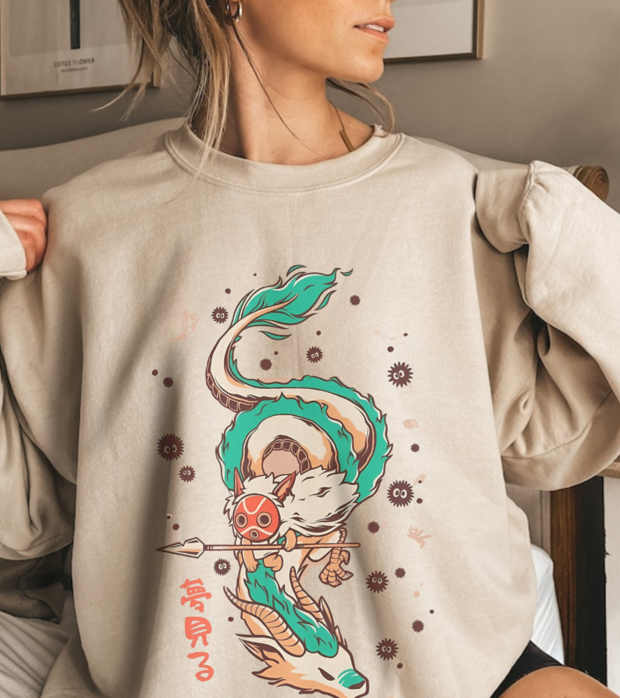 Haku and Princess Mononoke Sweatshirt – 100% Cotton Studio Ghibli Pullover for Anime Fans