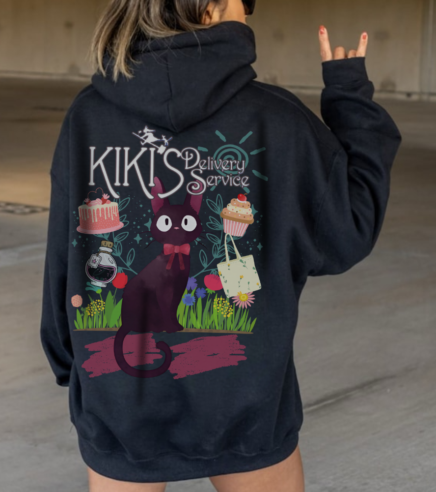 Jiji Collage Back Print Hoodie – 100% Cotton Studio Ghibli Kiki’s Delivery Service Cat Hoodie