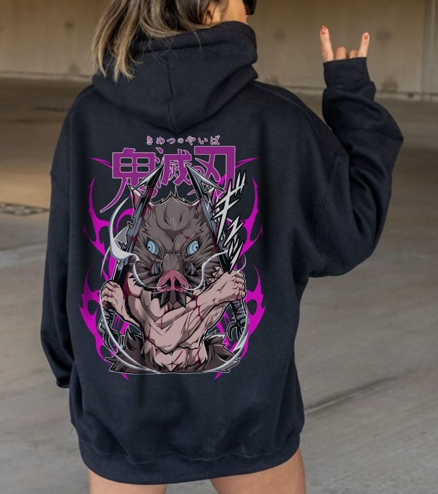 Inosuke Hashibira Demon Slayer Back Print Hoodie – 100% Cotton Anime Hoodie for Boar Head Fans