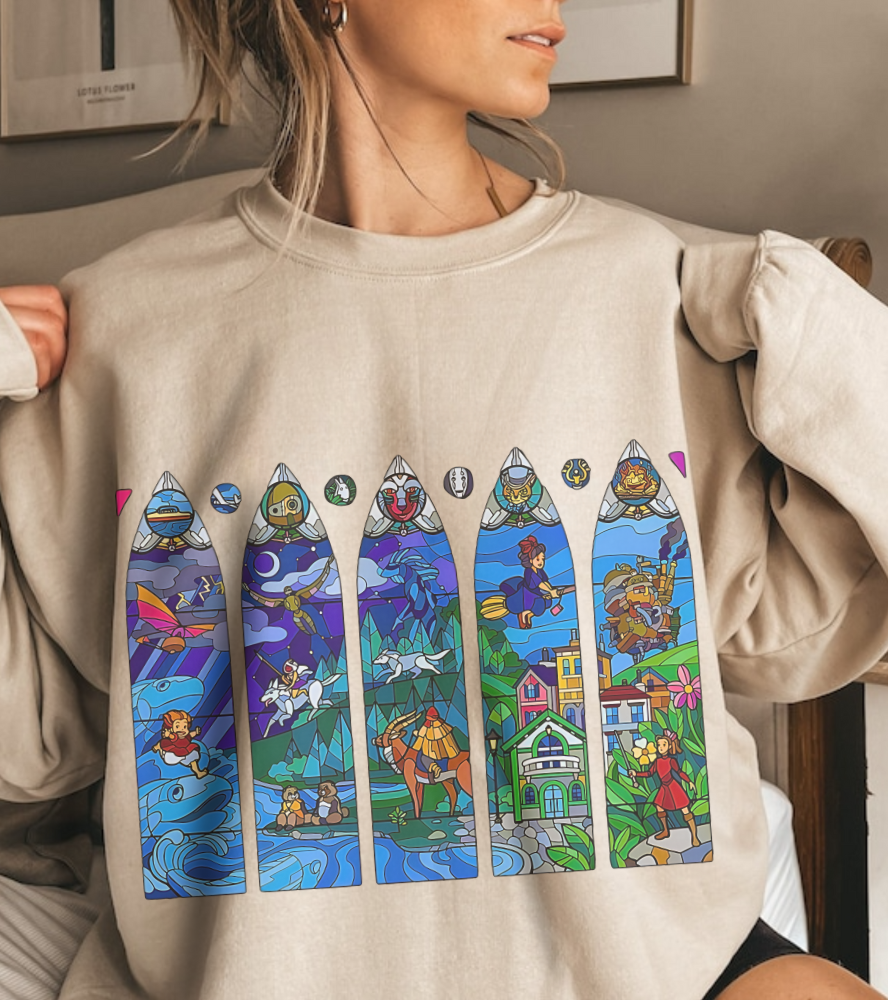 Studio Ghibli Stained Glass Sweatshirt – 100% Cotton Anime Pullover with Vitral-Inspired Design