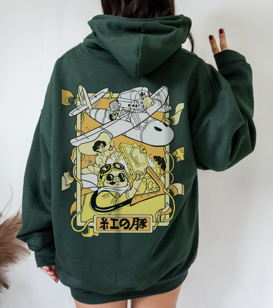 Porco Rosso Back Print Hoodie – 100% Cotton Studio Ghibli Vintage Anime Hoodie