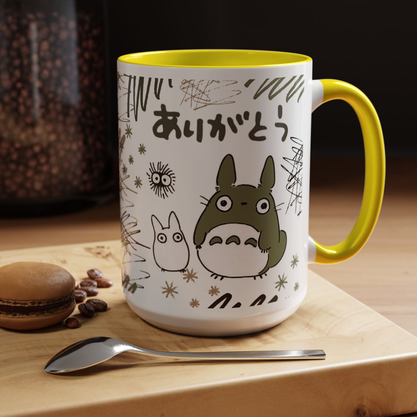 Totoro Sketch Accent Mug – Studio Ghibli Coffee Cup with Colored Handle – 11oz & 15oz Cute Anime Mug