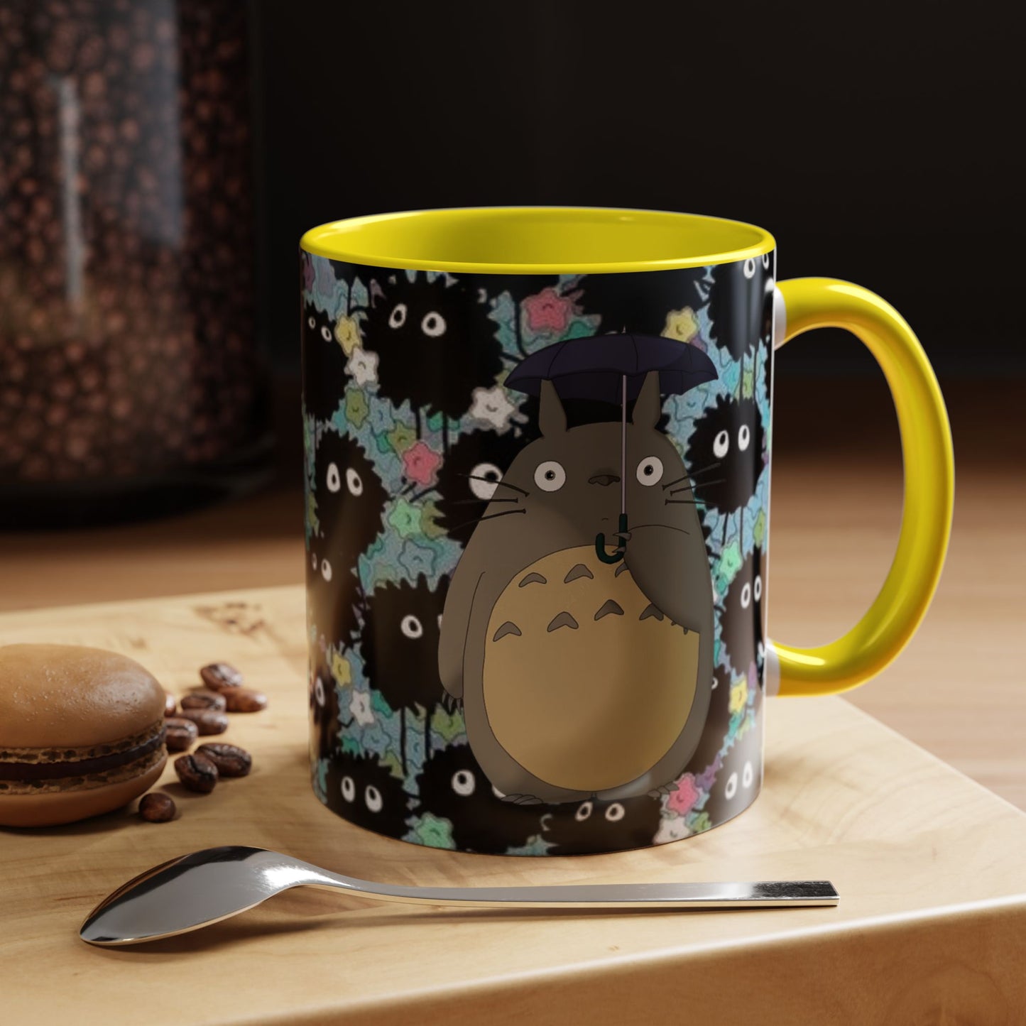 Totoro & Soot Sprites Accent Mug – Studio Ghibli Color Handle Cup – 11oz & 15oz Ceramic Anime Gift