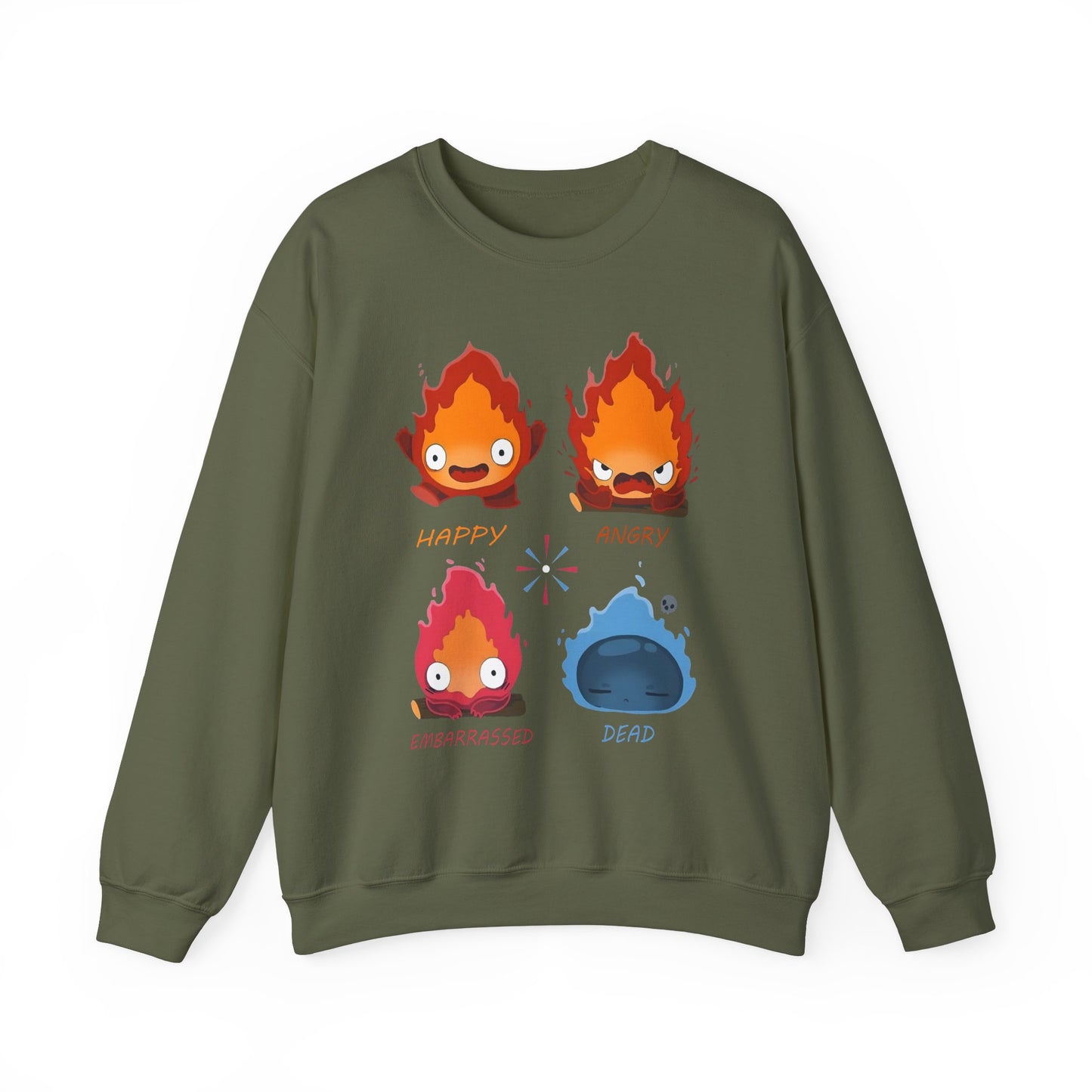 Calcifer Funny Faces Sweatshirt – 100% Cotton Howl’s Moving Castle Pullover for Studio Ghibli Fans