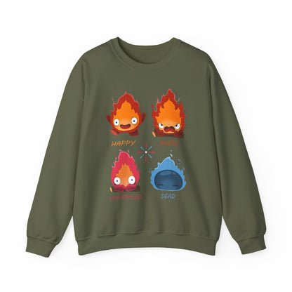 Calcifer Funny Faces Sweatshirt – 100% Cotton Howl’s Moving Castle Pullover for Studio Ghibli Fans