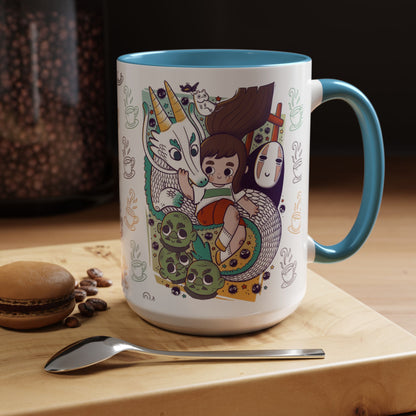 Spirited Away Accent Mug – Color Handle Anime Cup 11oz & 15oz – Studio Ghibli Coffee Mug Featuring Chihiro & No Face